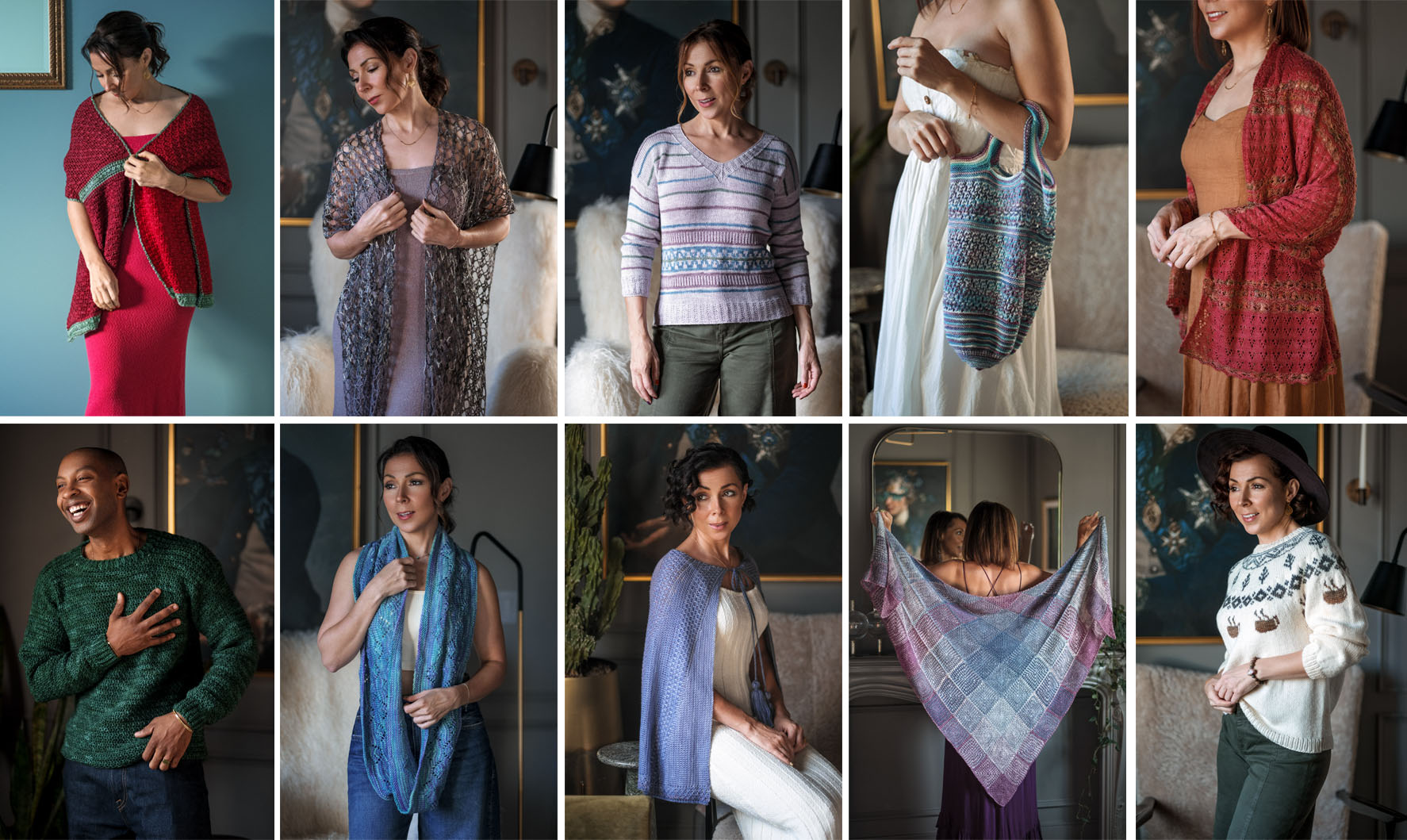 A montage of Expression Fiber Arts sweater patterns