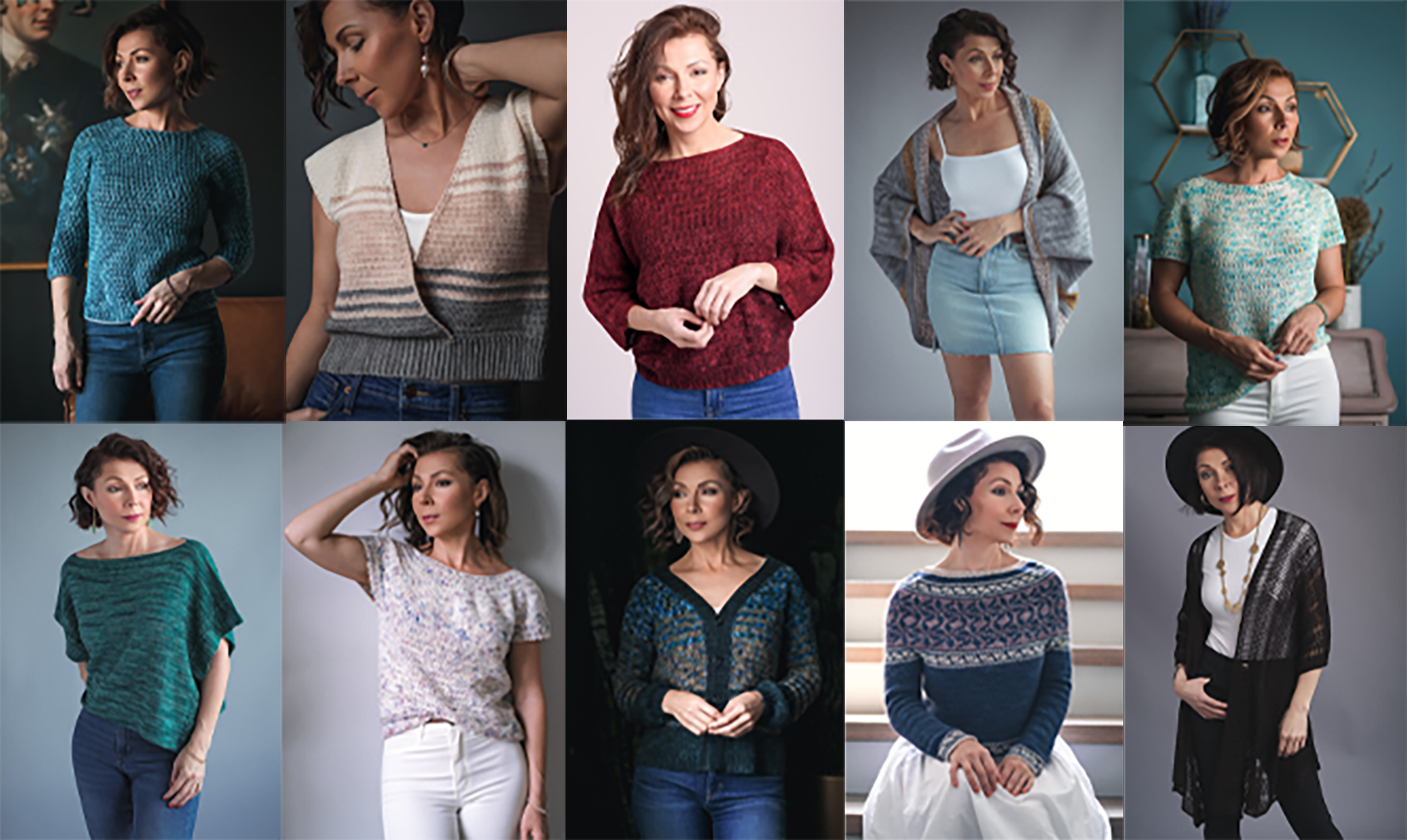 A montage of Expression Fiber Arts sweater patterns