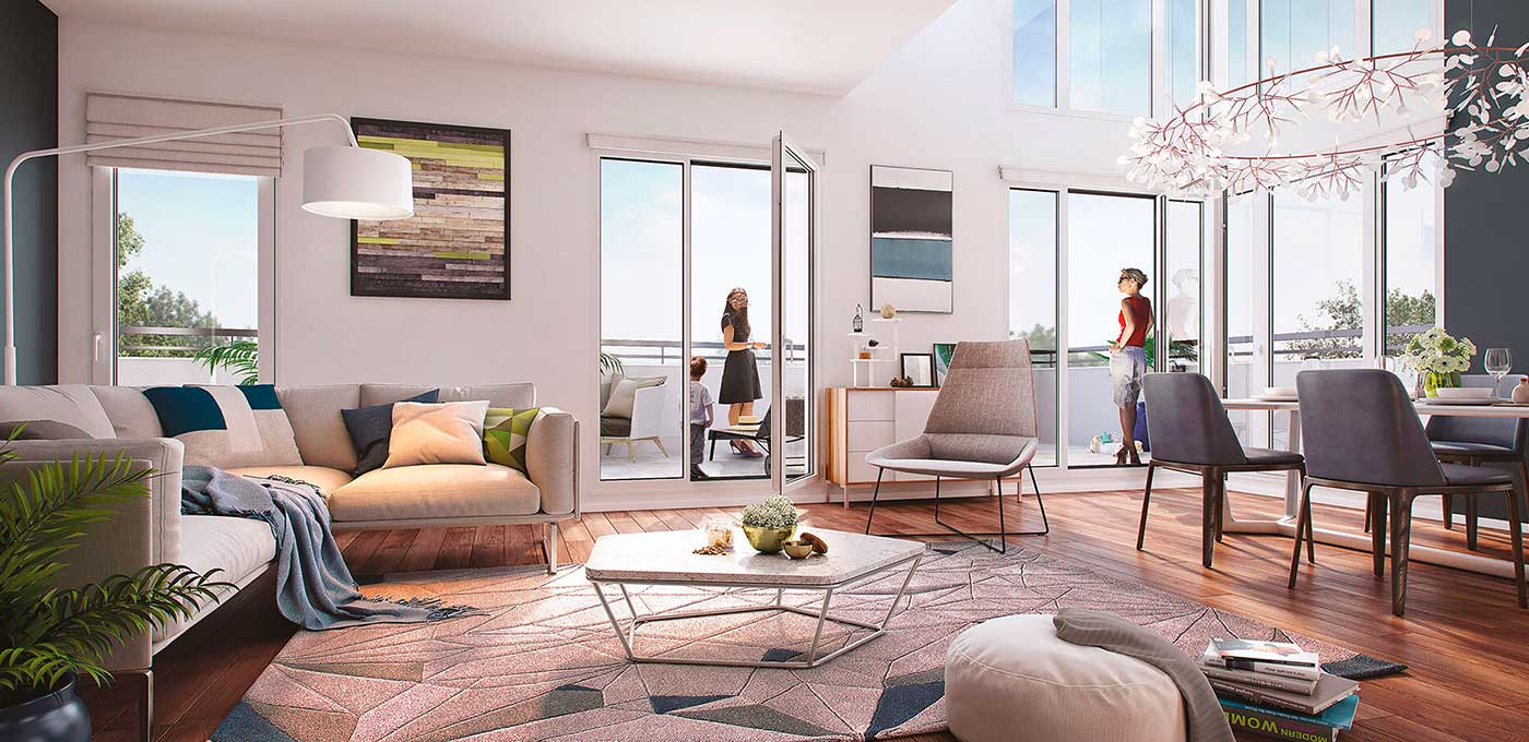 Perspective intérieure lumineuse d’un logement de la résidence Les Terrasses de Renoir