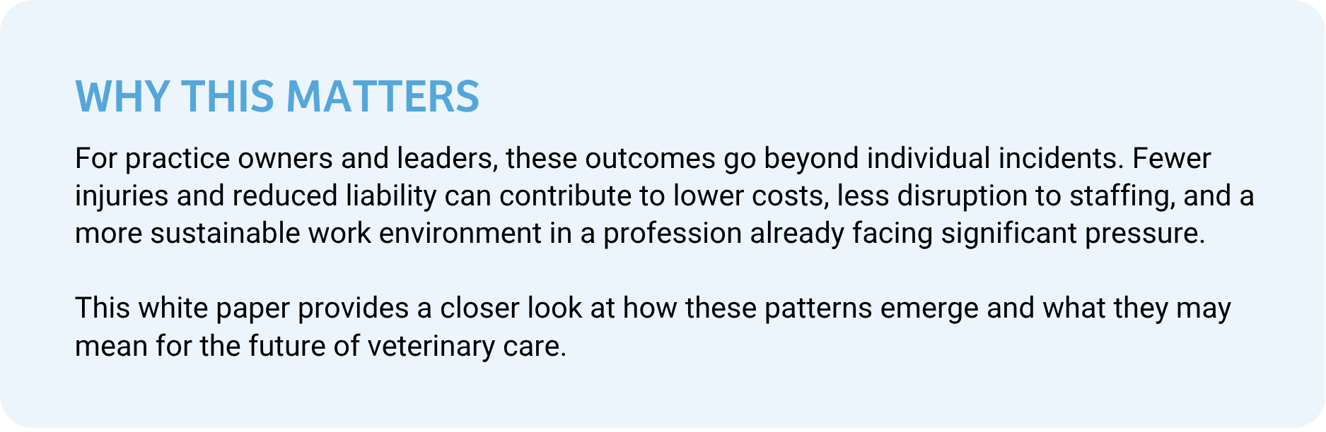 Section titled ‘Why This Matters’ explaining that fewer injuries and reduced liability in veterinary practices can lower costs, reduce staffing disruptions, and support a more sustainable work environment