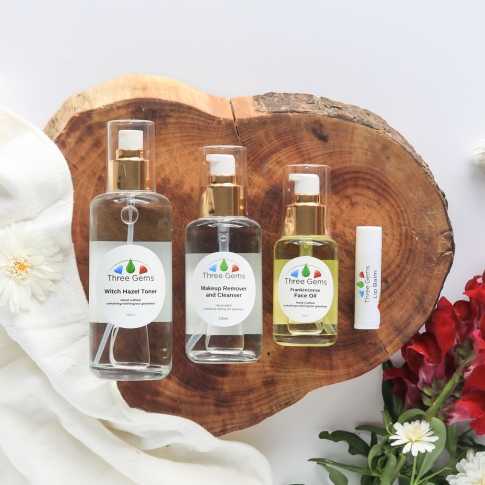Three Gems cleanser, toner and face oil with lip balm