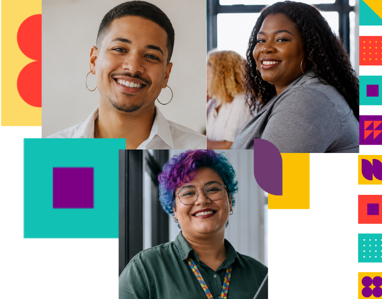 Texto Alternativo: Banner digital horizontal de fundo claro da "Blend Edu" anunciando o "Prêmio Diversidade em Prática".  À esquerda, há uma colagem com fotos de três pessoas sorridentes: no topo esquerdo, um homem negro de cabelos curtos e brinco de argola; no topo direito, uma mulher negra de cabelos longos e cacheados; abaixo, uma pessoa de óculos e cabelos curtos coloridos em tons de roxo e azul. As fotos são intercaladas com formas geométricas coloridas em tons de amarelo, roxo, vermelho e azul-turquesa.  À direita, está o texto do banner. No topo, o logotipo da "Blend Edu" seguido de "apresenta:". Logo abaixo, o logotipo do prêmio traz um símbolo de hashtag estilizado e colorido com as palavras "prêmio diversidade em prática".