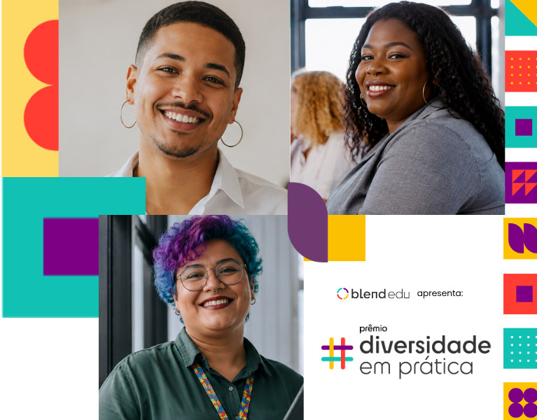 Texto Alternativo: Banner digital horizontal de fundo claro da "Blend Edu" anunciando o "Prêmio Diversidade em Prática".  À esquerda, há uma colagem com fotos de três pessoas sorridentes: no topo esquerdo, um homem negro de cabelos curtos e brinco de argola; no topo direito, uma mulher negra de cabelos longos e cacheados; abaixo, uma pessoa de óculos e cabelos curtos coloridos em tons de roxo e azul. As fotos são intercaladas com formas geométricas coloridas em tons de amarelo, roxo, vermelho e azul-turquesa.  À direita, está o texto do banner. No topo, o logotipo da "Blend Edu" seguido de "apresenta:". Logo abaixo, o logotipo do prêmio traz um símbolo de hashtag estilizado e colorido com as palavras "prêmio diversidade em prática".