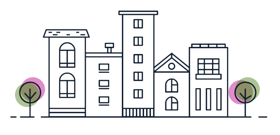 A line drawing of buildings and trees with the text 40,000 trees+ 82 neighborhoods = One Urban Forest