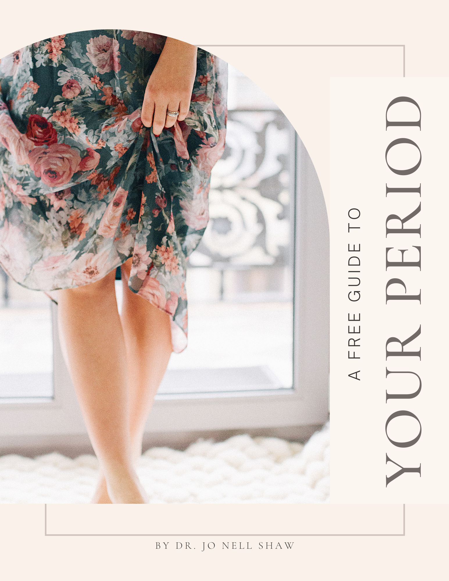 Cover of "cycle guide": A free guide to your period.  Beige background, picture of a woman in a floral dress.