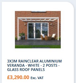 3x3m contemporary style veranda with glass roof panels £3,290