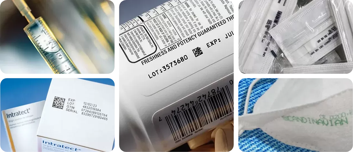 Frascos médicos com diferentes formatos e materiais sendo codificados com impressora Hitachi