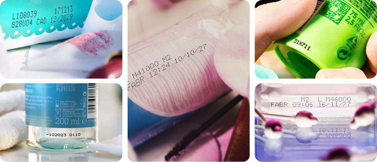 Frascos de cosméticos com diferentes formatos e materiais, codificados com impressora Hitachi