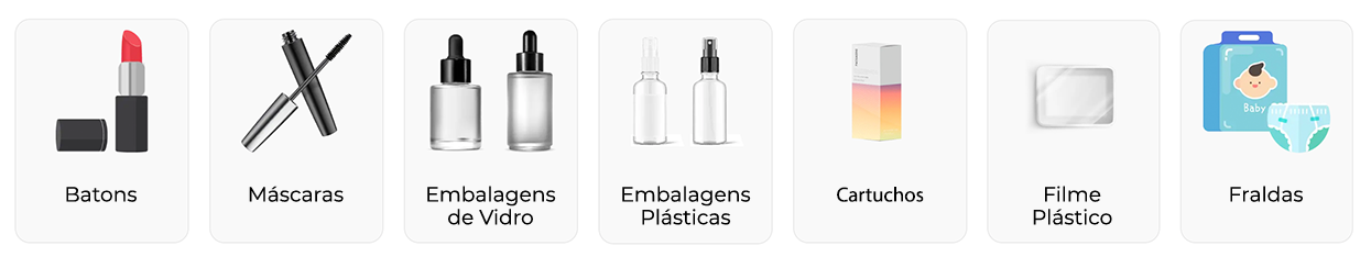 Ícones ilustrando os benefícios da codificação Hitachi para embalagens cosméticas