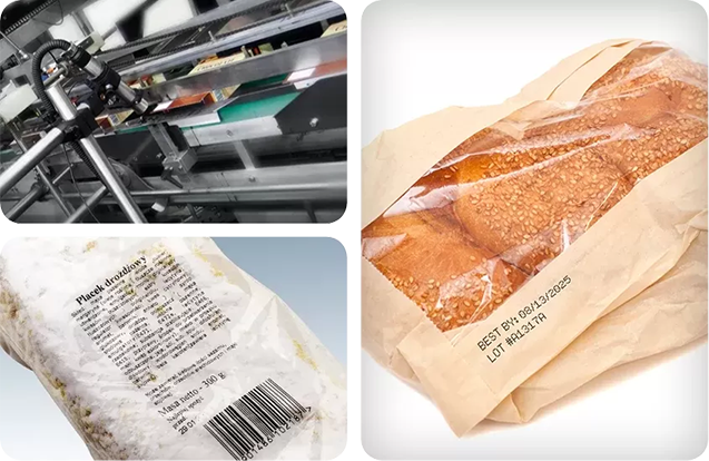 Pães embalados com codificação de validade aplicada por máquina Hitachi