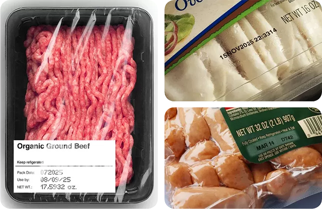 Embalagens de carne e peixe com marcação industrial feita por impressora Hitachi