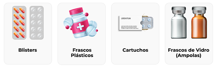 Ícones representando os benefícios da codificação Hitachi para embalagens farmacêuticas e médicas