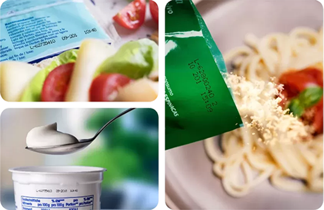 Produtos lácteos refrigerados com impressão de data feita por máquina Hitachi