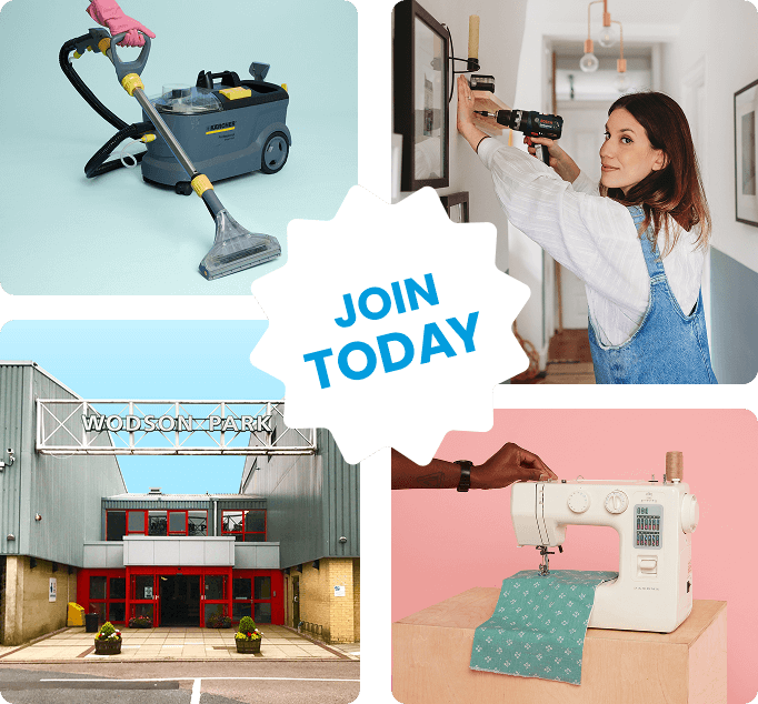 Image of items available to rent, such as Carpet Cleaners, Spirit Levels and Sewing Machines