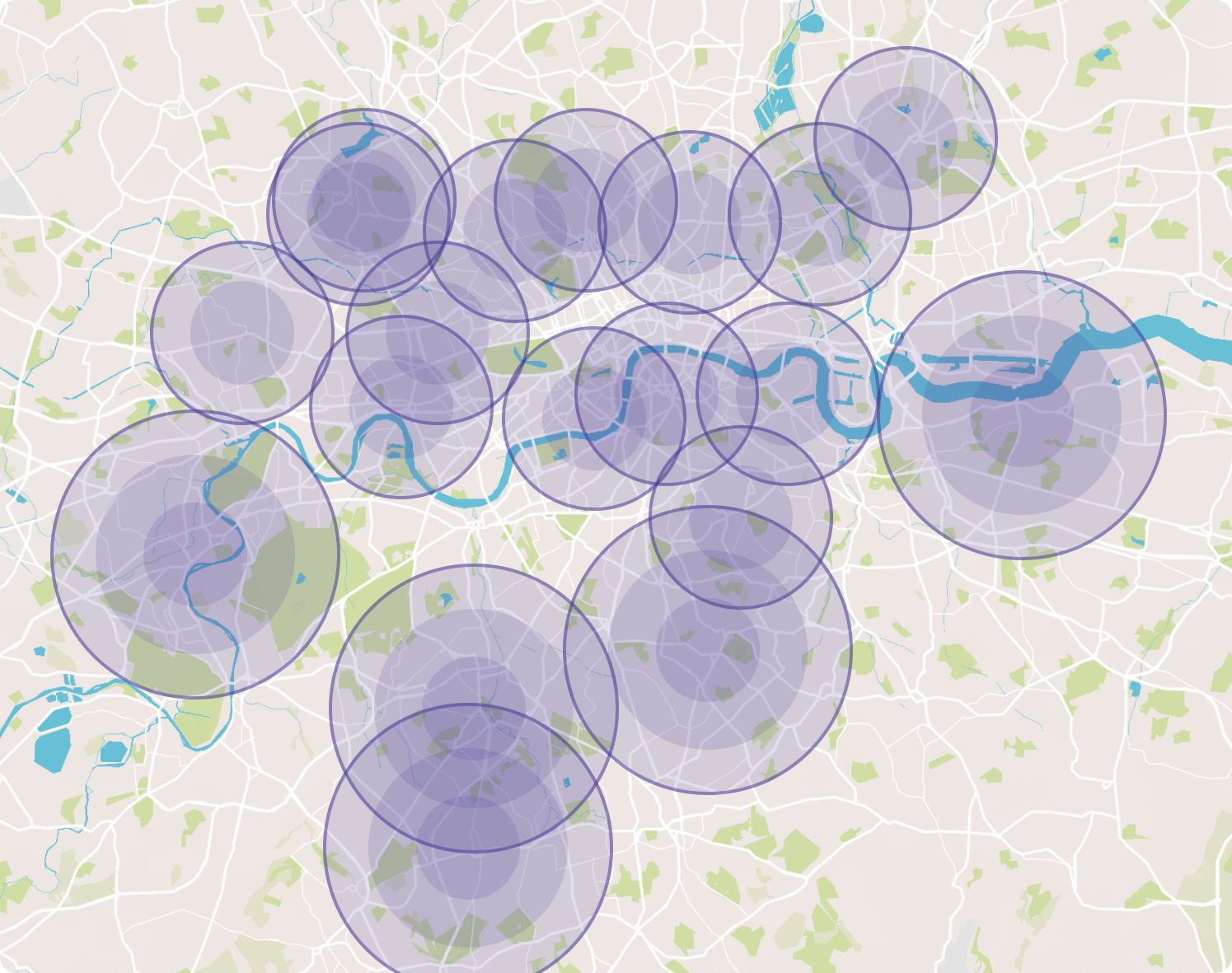 Map of London showing a delivery radius