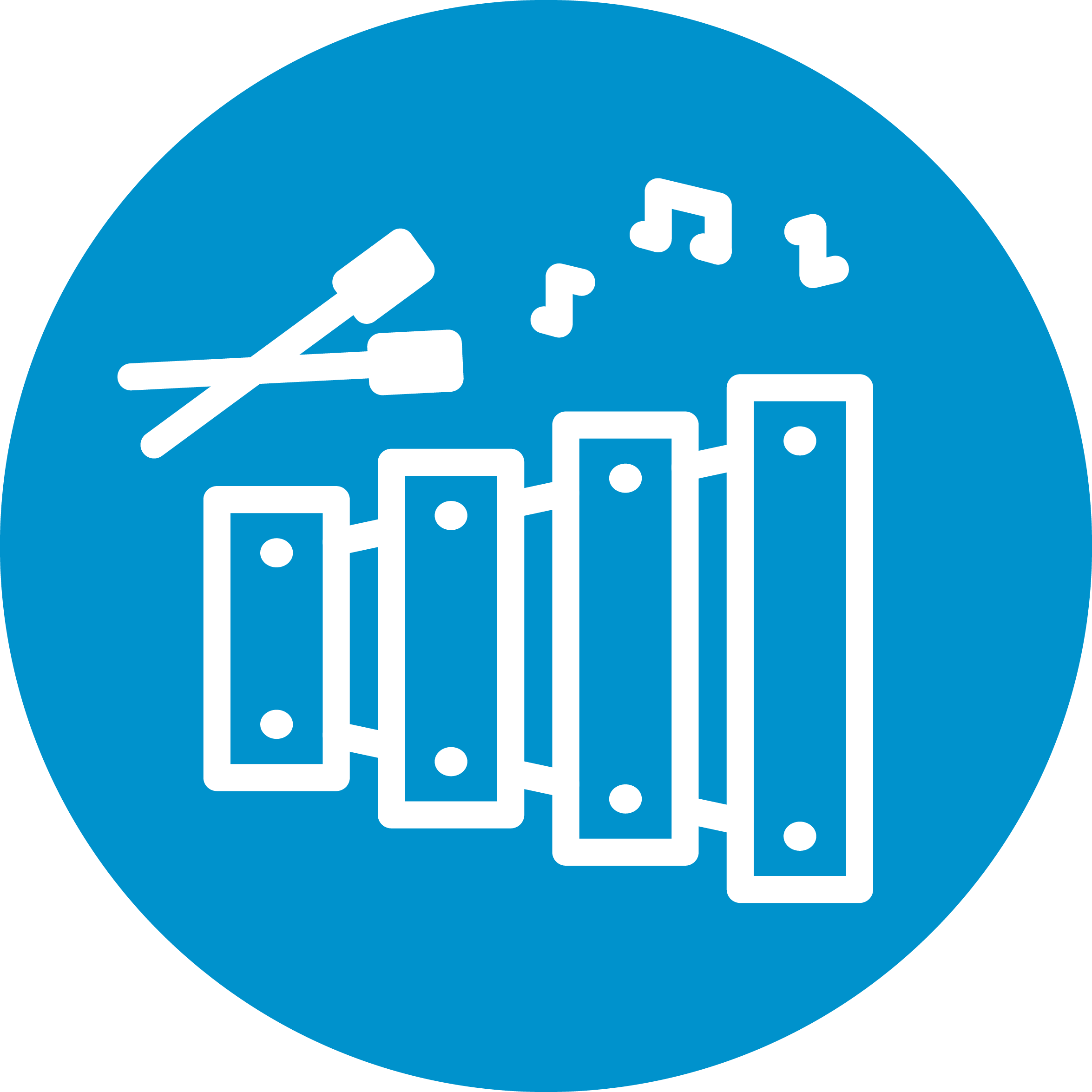 A circular blue icon with a white graphic of a xylophone, music notes, and drumsticks on it.