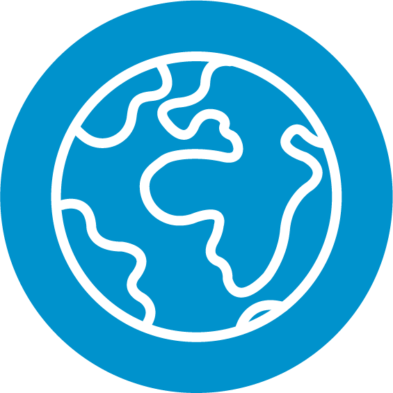 A circular blue icon with a white graphic of a globe on it.