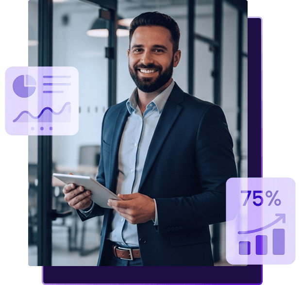 Profissional de negócios em ambiente corporativo segurando um tablet, representando crescimento e performance B2B, com ícones de gráficos e estatísticas sobrepostos.