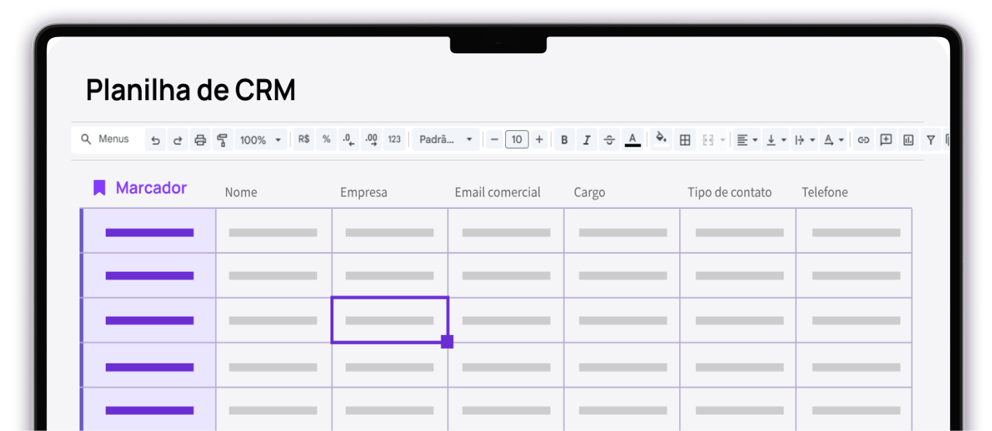Tela de um notebook com a Planilha de CRM da Ploomes