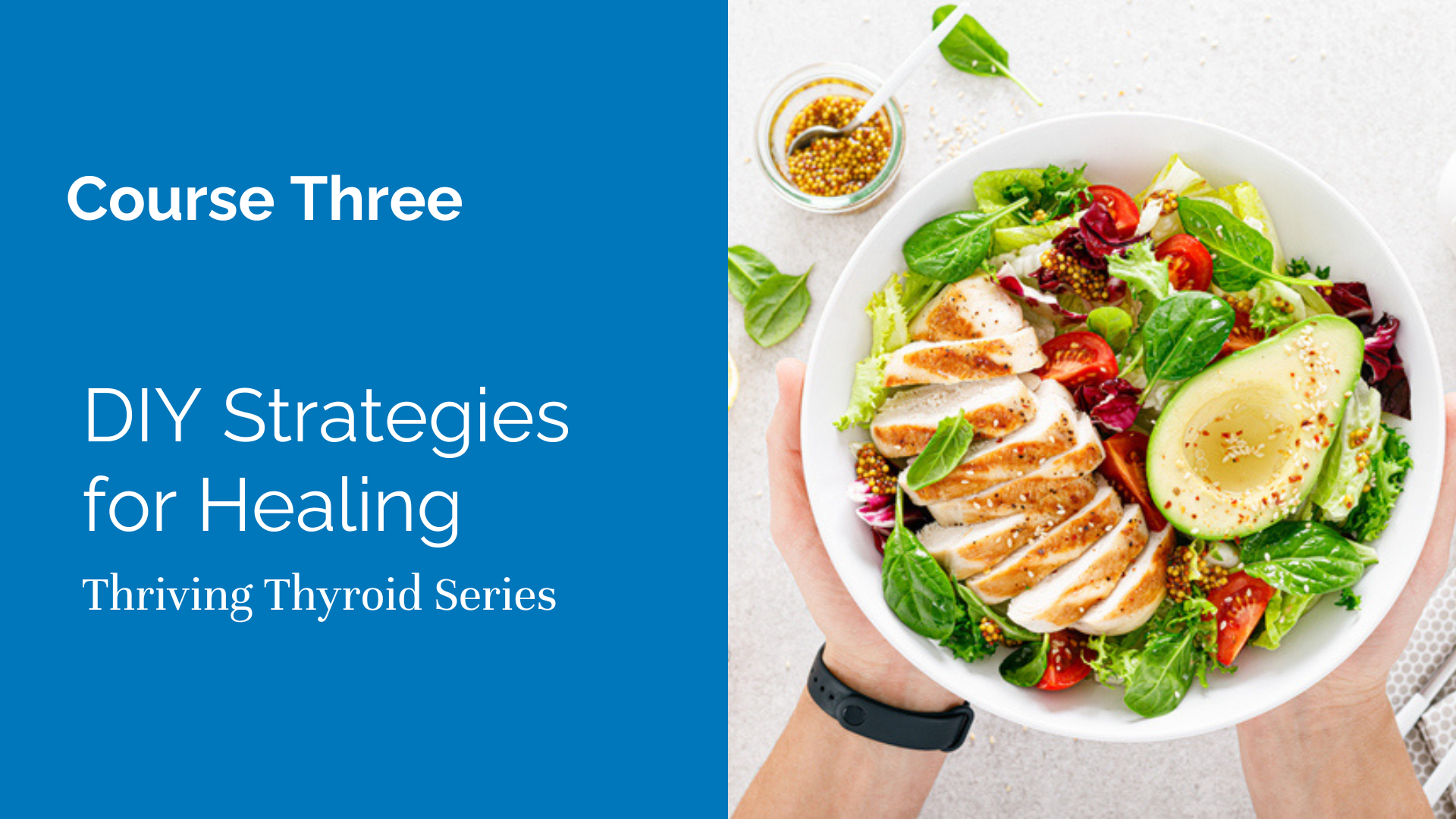Thriving Thyroid Series Course Three – DIY Strategies for Healing with healthy salad illustration.
