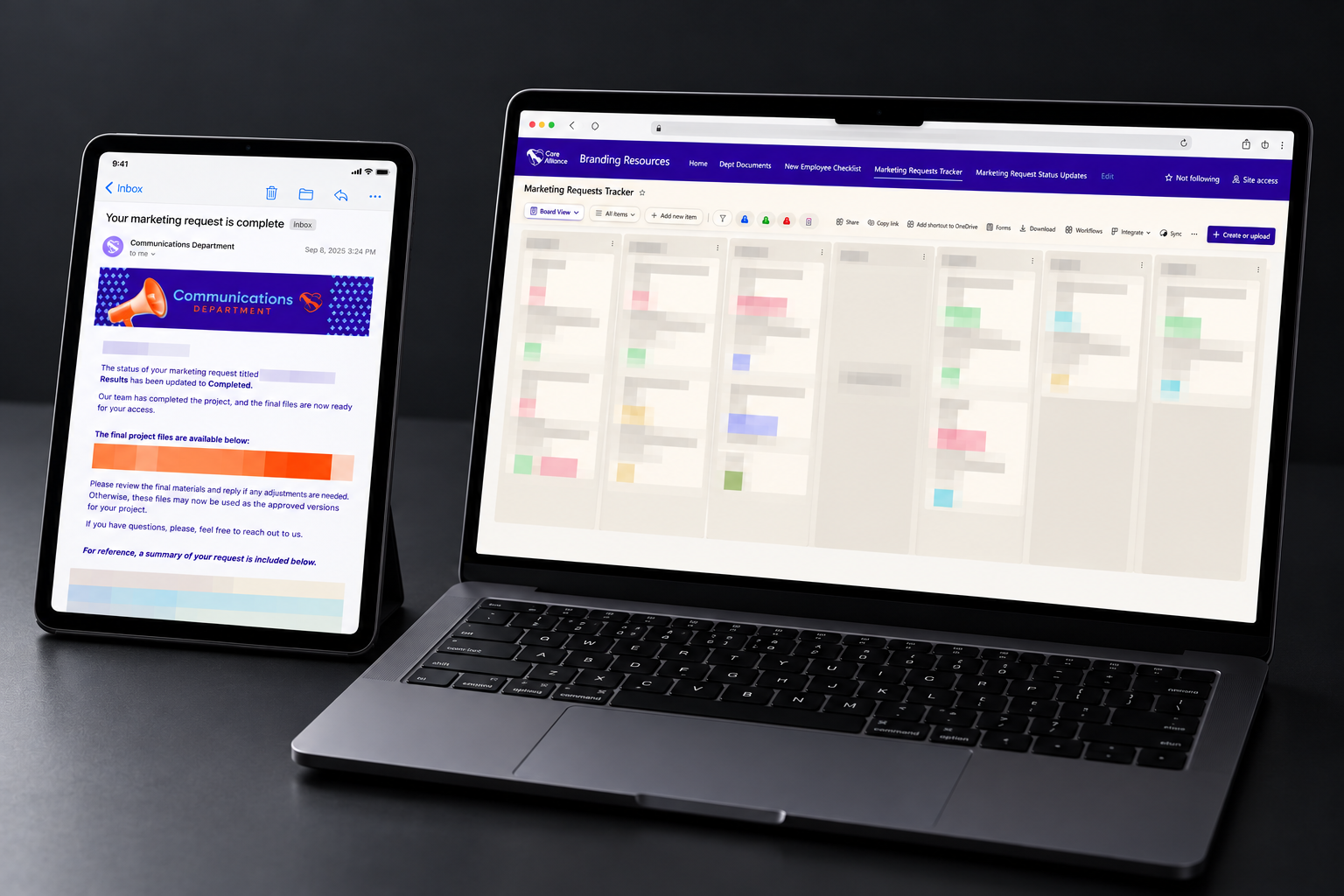 Laptop displaying a marketing request tracker beside an iPad showing an automated completion email.