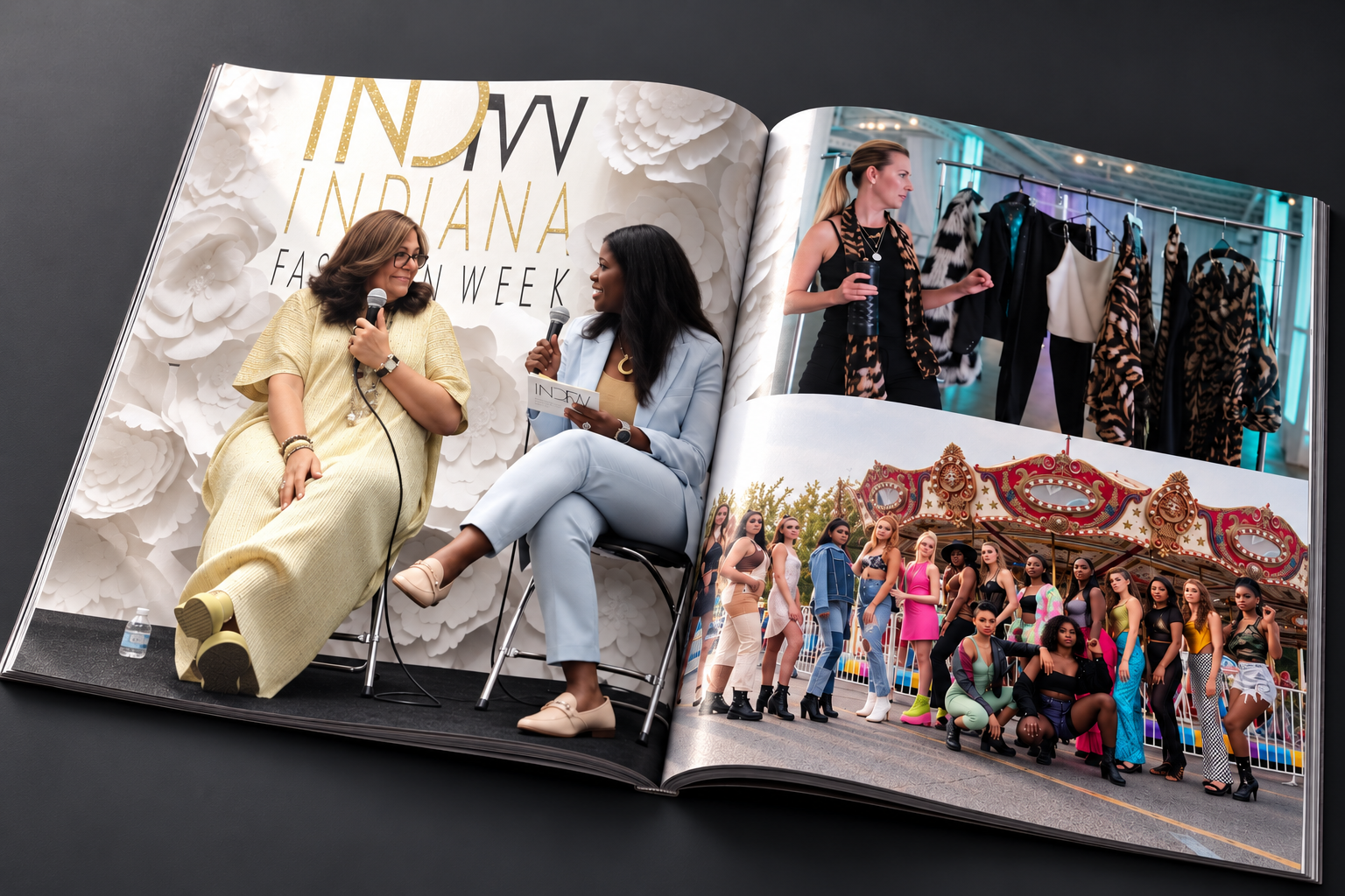 Editorial mockup featuring Indiana Fashion Week conversations, education, and a group fashion photograph.